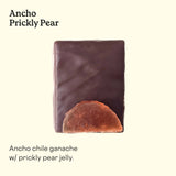 A detailed view of handmade chocolate piece "Ancho Prickly Pear" handmade in San Francisco.