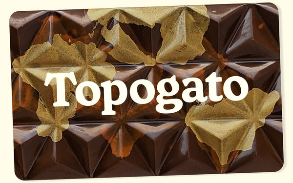 A chocolate gift card with imagery of gourmet chocolate by online chocolate store Topogato shown from the top down.