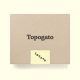 A chocolate gift box shown from the top down with San Francisco chocolate company Topogato logo.