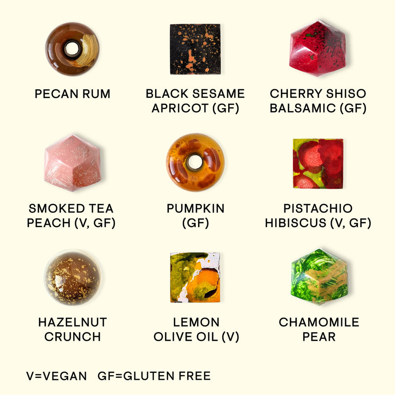 A top-down image of nine dark chocolate truffles in various colors, complete with chocolate names underneath from San Francisco online chocolate store Topogato.