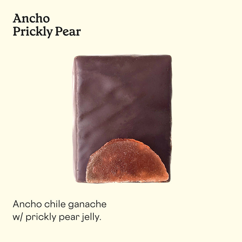 A detailed view of handmade chocolate piece "Ancho Prickly Pear" handmade in San Francisco.