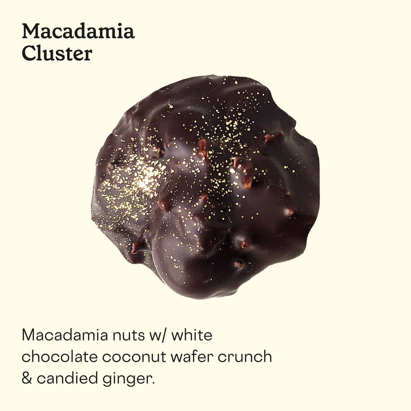 A detailed view of handmade chocolate piece "Macadamia Cluster" handmade in San Francisco.